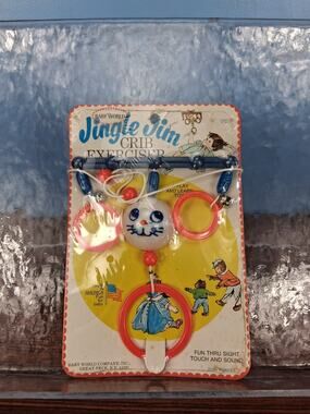 1950s-60s Jingle Jim Baby Toy Crib Toy Exerciser Hanger Rabbit Bells Hoops USA